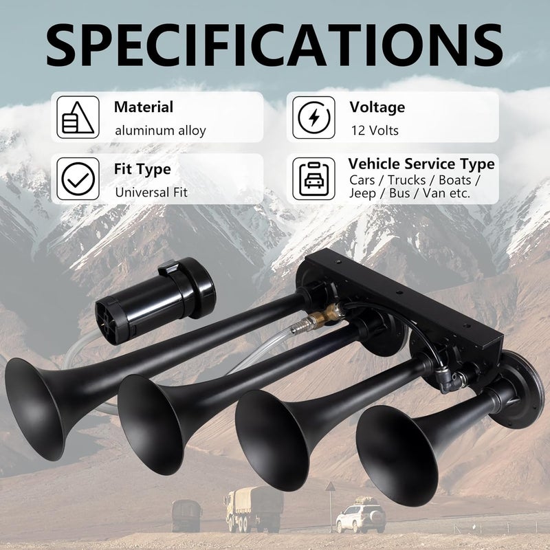 banhao Air Horn 4-Tube Train Horn Truck Air Horns 4 Trumpet Kit for Trucks 12V 180dB Super Loud with Compressor Suitable for Pickup Motorhome SUV Train Boat - Image 3